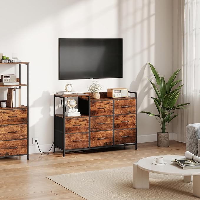 Somdot Dresser with Charging Station and Open Shelves,Dresser for Bedroom with 8 Drawers,Storage Cabinets Organization Units for Living Room,Hallway, Sturdy Metal Frame,Wood Top,Wood Grain Print