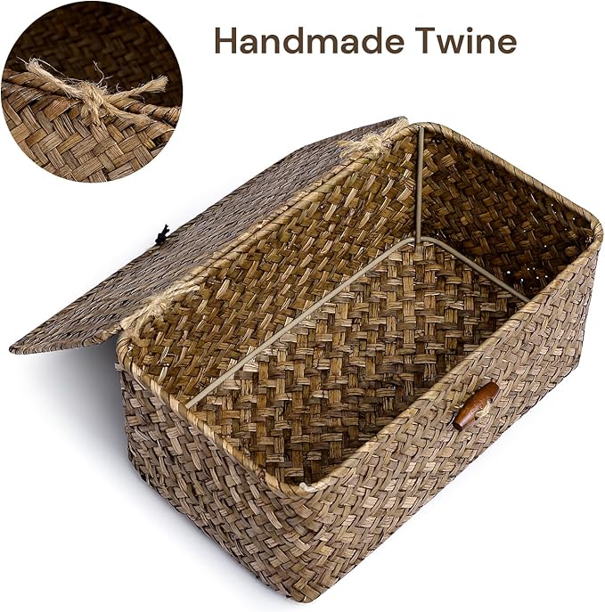 Natural Seagrass Storage Baskets with Lid,Multipurpose Home Organizer Bins Boxes for Shelf Organizer,Decorative Storage Bins