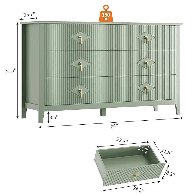 GarveeHome Fluted Dresser for Bedroom, 54 Inch Wide 6-Drawer Wood Dresser, Modern Chest of Drawers, Storage Organizer Cabinet for Living Room, Hallway, Entryway, Green