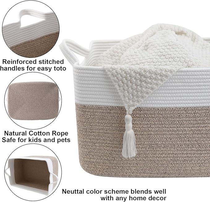 Magazine & Newspaper Baskets,65L Large Woven Rope Blanket Basket,21"x16"x12"Storage Bin with Handle,Toys Storage,Laundry Basket for Home Organization/Living Room/Nursery/Bedroom,White&Brown
