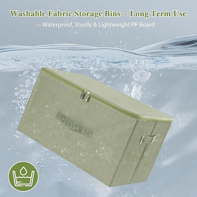 ANMINY 3PCS Storage Bins with Zipper Lids 36 Qt Lidded Fabric Storage Boxes Baskets Cubes with Handles Collapsible Washable Cotton Linen Closet Shelf Clothes Organizer Containers - Green, Large