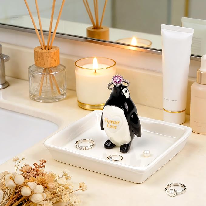 PUDDING CABIN Penguin Gifts for Women, Ring Holder Jewelry Tray, Penguin Figurine Forever Lover Anniversary Wedding Birthday Mothers Day Gifts for Girlfriend Wife FiancÃ©e Daughter Mom