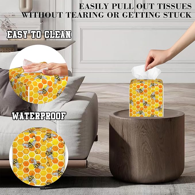 Tissue Box Cover Honeycomb and Bees Leather Tissue Box Holder Cube Paper Case Cover Facial Paper Organizer Dispenser for Bathroom, Vanity Countertop, Office Desk