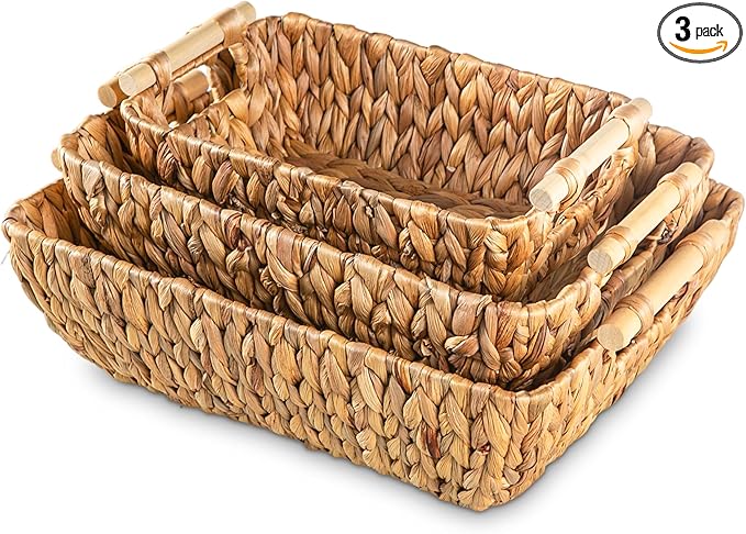 Woven Storage Baskets â Set of 3 Handwoven Water Hyacinth Wicker Baskets with Wooden Handles for Organizing, Decorative Baskets for Laundry Room, Home Decor - Large, Medium & Small