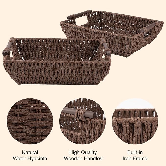 OIAHOMY Storage Baskets, Small Paper Rope Wicker Organizers with Wooden Handles, Baskets for Organizing, 2-Pack, Brown