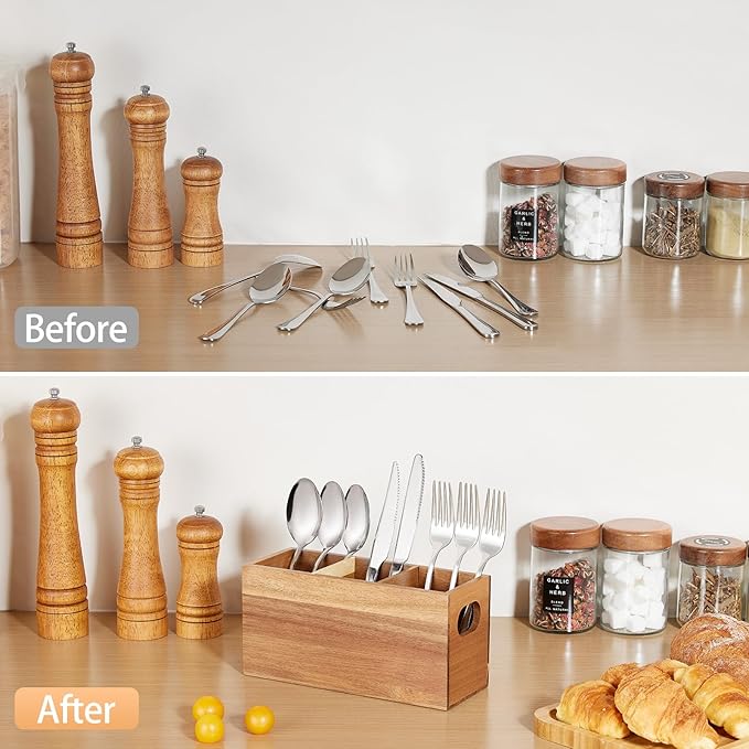 Acacia Wooden Silverware Holder, Kitchen Utensil Caddy with 3 Compartments, Cutlery Storage Organizer Countertop, Flatware Organizer for Party, Spoon, Fork Holder
