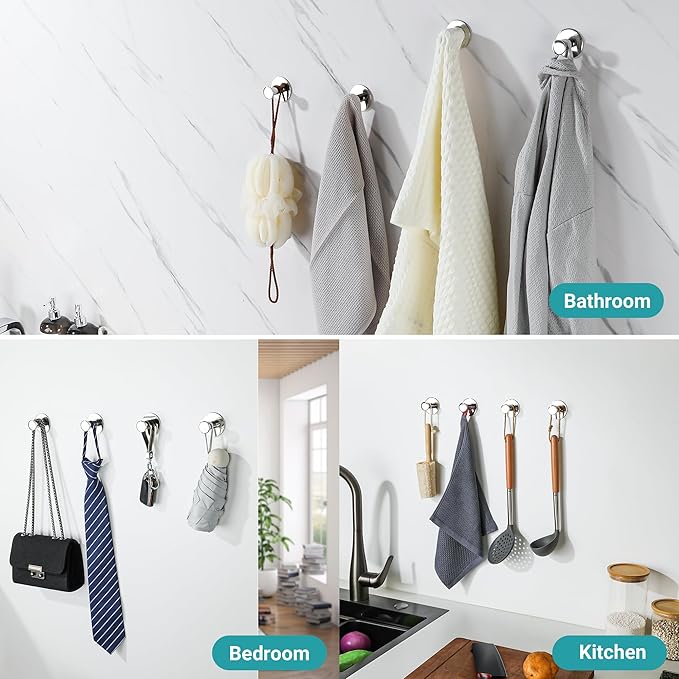 SAYAYO Self Adhesive Hooks for Hanging, Chrome Towel Hook for Bathrooms Coat Hooks Wall Mount, Stick on Hook SUS304 Stainless Steel, 4pcs