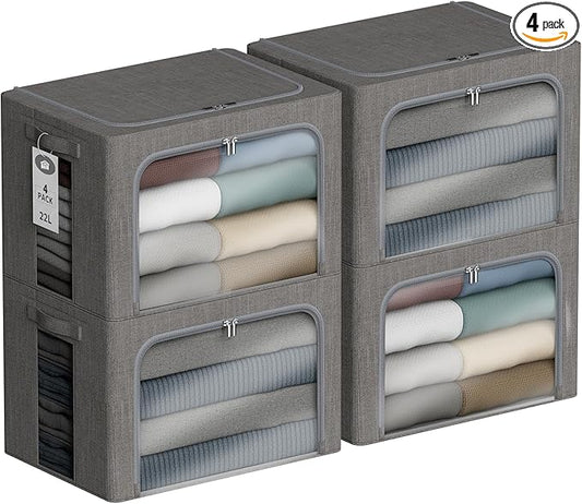 4 Pack Clothes Storage Bins with Metal Frame - 22L Stackable Storage Box with Lid，Foldable Storage Container Organizer for Clothes，Linen Fabric Storage Box with Clear Window＆Zippers＆Handles