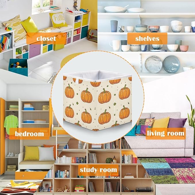Bolaz Pumpkin Seamless Closet Organizers Storage Cubes Storage Bins Shelf Baskets Containers for Home Room Office,Square