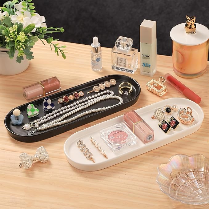VanEnjoy Set of 2 Black Vanity Tray for Bathroom Counter, Long Narrow Tray Ceramic Tray for Kitchen Counter for Soap Bottles