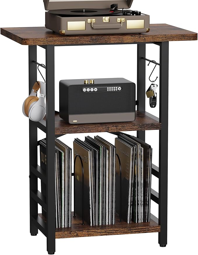 Record Player Stand with Extended Desktop,Large Record Player Table with Vinyl Storage,Tall Turntable Stand with Record Holder Vinyls Display Shelf for Music Room Studio, Rustic Brown