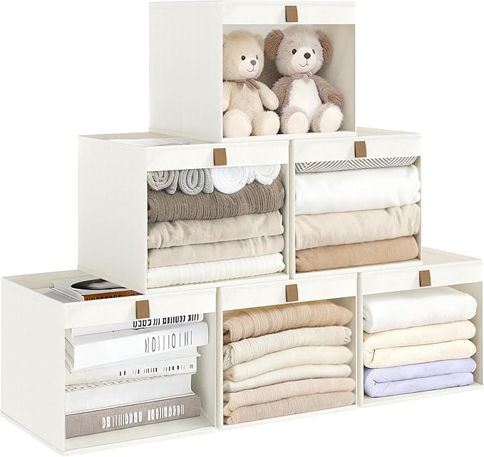 Linen Closet Organizers and Storage, Closet Storage Bins Basket Organizer, Foldable Organization Baskets with Mesh Window for Clothes Towels and Toys, 11" x 11" x 11", Beige, 6 pack