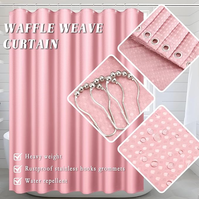 Bathroom Set with Shower Curtain and Rugs- 25PC Pink Bathroom Accessories, Shower Curtain Set, Toilet Brush, Trash Can, Qtip Holder & Soap Dispenser