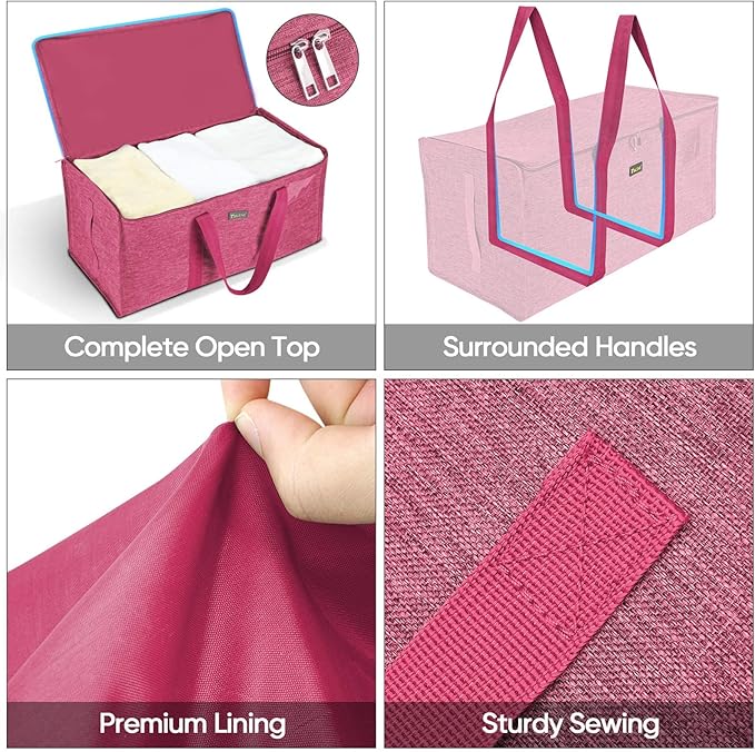 BALEINE Extra Large Storage Tote with Zippers & Carrying Handles, Heavy-Duty Oxford Fabric Moving Bags for Laundry, Space Saving, Storage, Berry Red