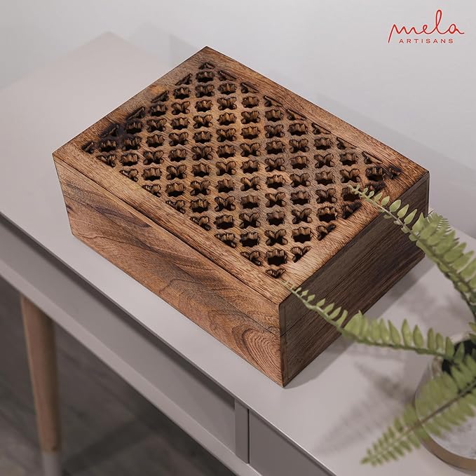 Mela Artisans Extra Large Wooden Keepsake Box | Medium Burnt & Handcrafted Decorative Storage Chest for Jewelry, Photos & Trinkets | Vintage Style Storage Box| Trellis Design | 10.5x7.5x4