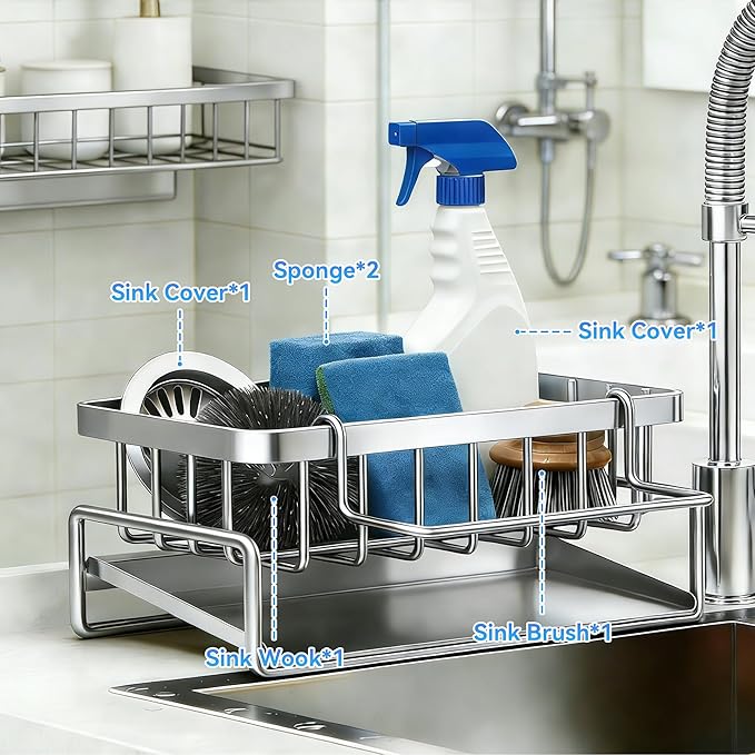 Sponge Holder for Kitchen, Sink Caddy Organizer Rack for Kitchen Accessories, Soap Dispenser Countertop Organizer Essentials for Home (Grey)