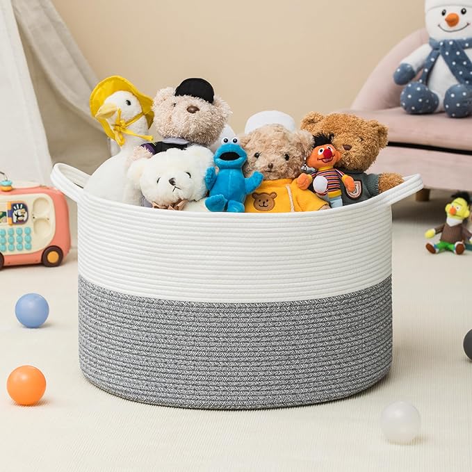 XXXLarge Woven Cotton Rope Basket (21.7" x 13.8") 90L – Blanket Basket for Living Room, Laundry Hamper, Baby Laundry Hamper, Toy Storage, Pillows & Cushions Organizer (White&Grey)