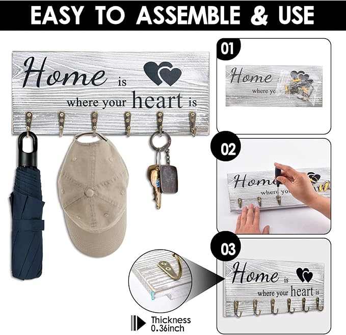 AHYS Key Holder Wall Mount Rustic Wooden Key Hanger with 6 Hooks for Farmhouse Home Entryway Living Room Decor - Light Grey