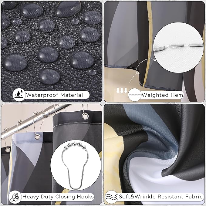 Black Bathroom Set, Bathroom Sets with Stripe Shower Curtain, Black and Gold Bathroom Accessories with Trash Can, Soap Dispenser, Soap Dish, Toilet Brush Holder, Qtip Holders for Bathroom