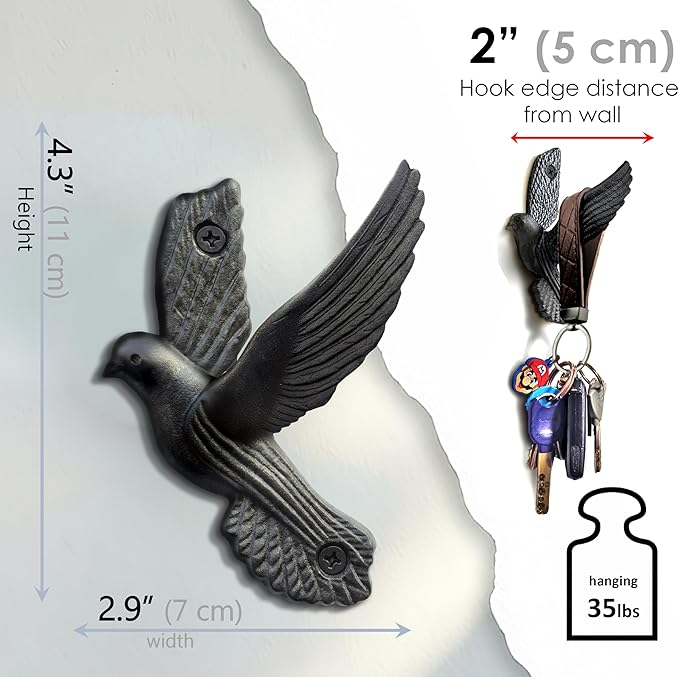 Ambipolar Flying Style Iron Cast Decorative Pigeon Bird Wall Mounted Coat Hooks, 5 Pieces, Black