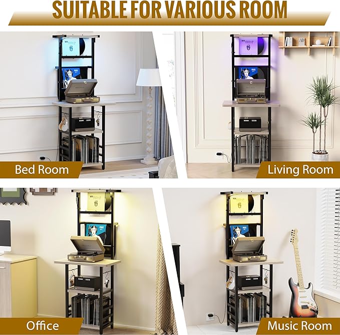 Record Player Stand with Led Light,Record Player Table with Vinyl Storage,Turntable Stand with Record Holder Vinyls Display Shelf for Music Room Studio,Greige