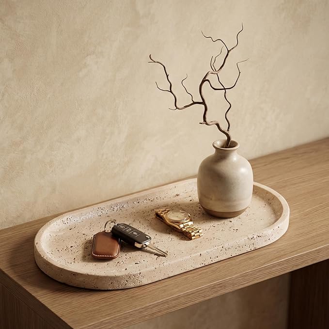 YKAJO 100% Natural Travertine Stone Tray, Unsealed Beige Marble Vanity Tray for Bathroom & Perfume, Raw Honed Finish Organizer for Jewelry, Candle & Coffee Table Decor, 11.6" L (Wabi-Sabi Aesthetic)