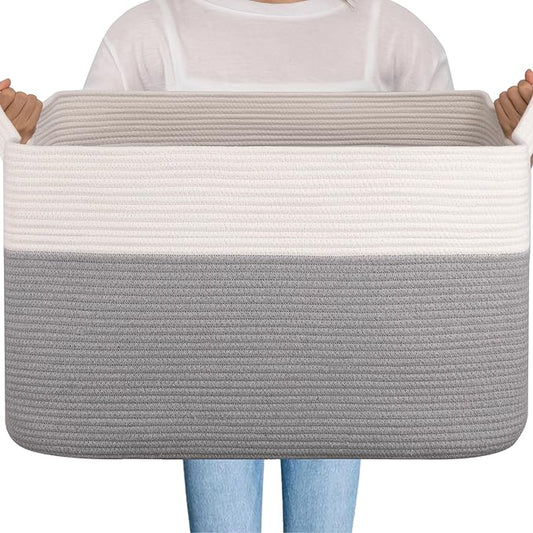 OIAHOMY Extra Large Blanket Basket, 95L Woven Storage Basket, Cotton Rope Toy Bin for Baby Room, Container for Storage in Living Room, 24''×17''×14'', Grey & White