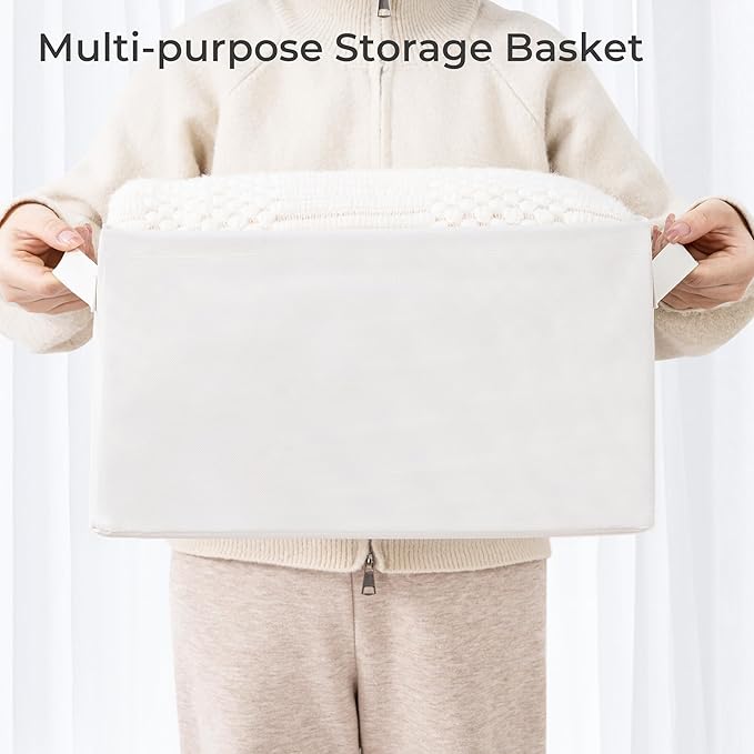 Storage Basket Bins with Metal Frame, Large Collapsible Fabric Storage Baskets for Organizing Shelf, Basket Organizer W/Handles for Blankets, Towels, Laundry, Shelves, 2-Pack, Beige