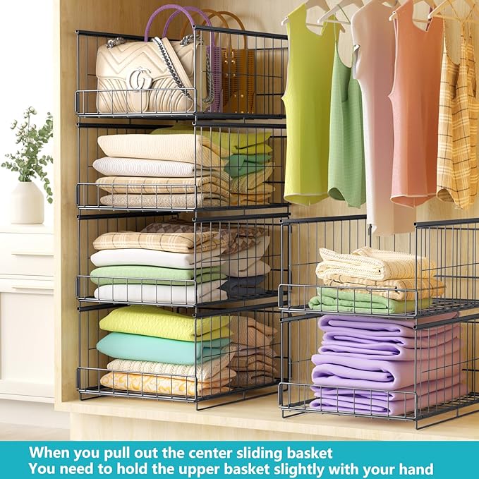 4-Tier Stackable Closet Organizers and Storage Shelves,Foldable Closet Shelf Organizer System, Space-Saving Clothes Storage Drawer Organizer for Wardrobe