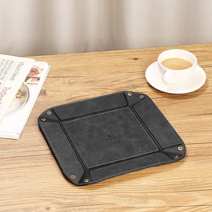 SITHON Valet Tray Desktop Storage Organizer â Premium PU Leather Catchall Bedside Vanity Tray Nightstand Caddy Holder for Keys, Phone, Wallet, Coin, Jewelry, Valentine's Day Gift, Black