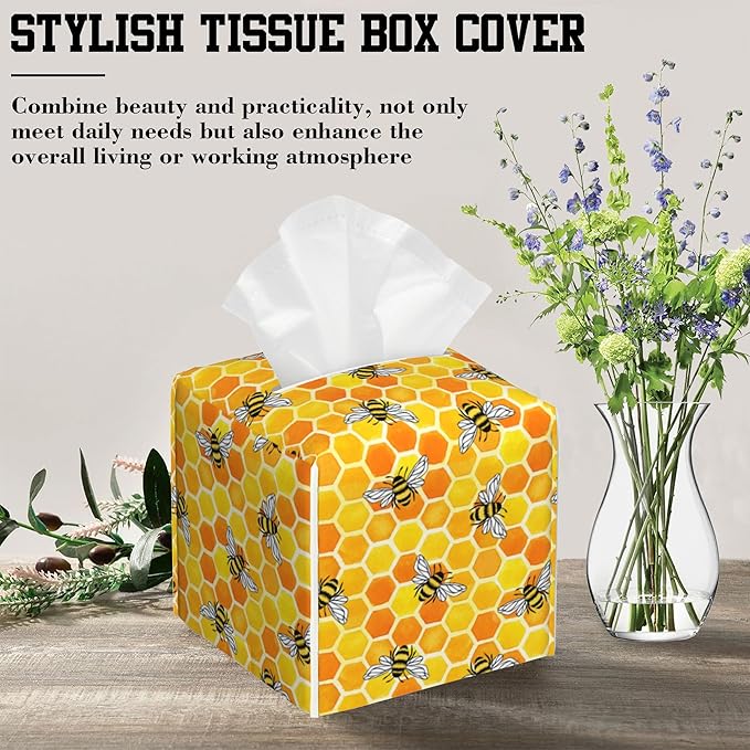 Tissue Box Cover Honeycomb and Bees Leather Tissue Box Holder Cube Paper Case Cover Facial Paper Organizer Dispenser for Bathroom, Vanity Countertop, Office Desk