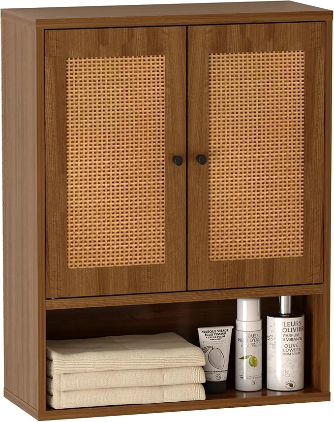 Bathroom Storage Cabinet,Rattan Cabinet Boho Chic Medicine Cabinet Over The Toilet Storage 3-Tier Cabinet Wall Mount with Double-Door for Kitchen,Dining Room,Living Room 19 x 7.68 x 24 in