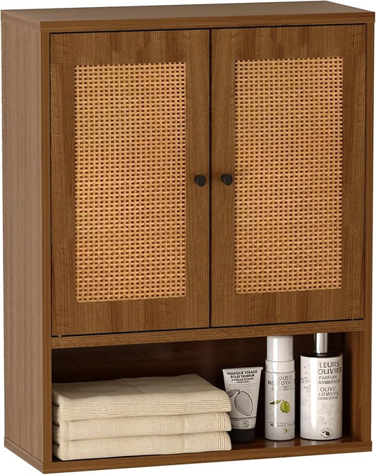 Bathroom Storage Cabinet,Rattan Cabinet Boho Chic Medicine Cabinet Over The Toilet Storage 3-Tier Cabinet Wall Mount with Double-Door for Kitchen,Dining Room,Living Room 19 x 7.68 x 24 in
