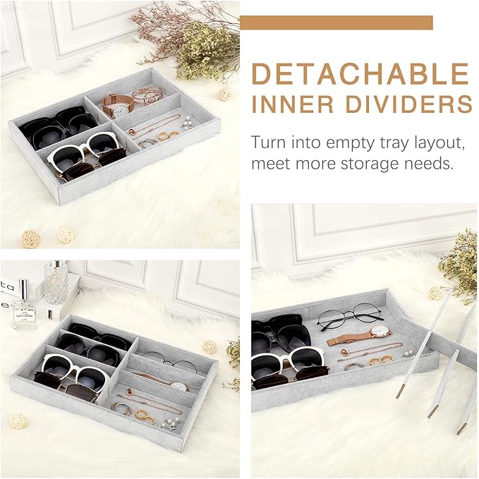 Emibele Sunglass Organizer Jewelry Tray, 8 Grids Velvet Tray Glasses Watch Storage Stackable Eyeglasses Jewelry Showcase Display Organizer Tray - Grey