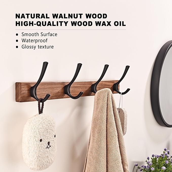 2 Pack 17.3" Small Walnut Wood Coat Rack Wall Mount with 4 Hooks, Heavy Duty Wooden Jacket Hanger Door Mounted for Decorative Entryway and Bathroom Hanging Towel Backpack Purse Clothes Hat Key