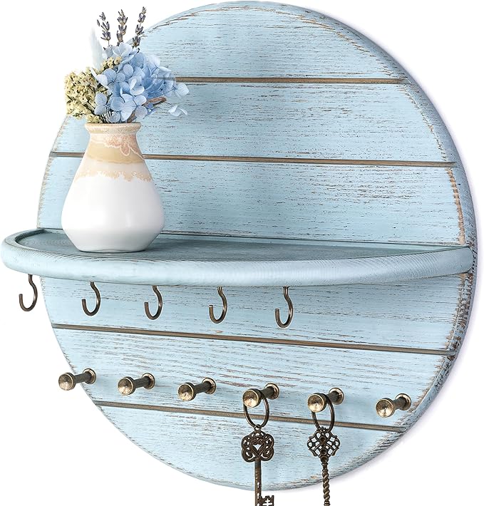 Rebee Vision Pine Wood Decorative Key Holder Wall Mount for Farmhouse Decor – Key and Mail Holder for Wall with Shelf and 11 Hooks – Hanging Mail Organizer for Home & Room Decor Aesthetic (Blue)