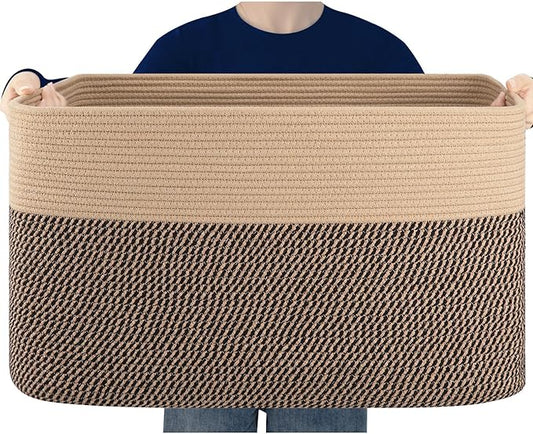 Extra Large Blanket Basket, Toy Basket Bin for Kids, Cotton Rope Woven Storage Basket for Living Room, Nursery, Baby Room Decorative Organizer, 24''×16''×15'', Brown & Black