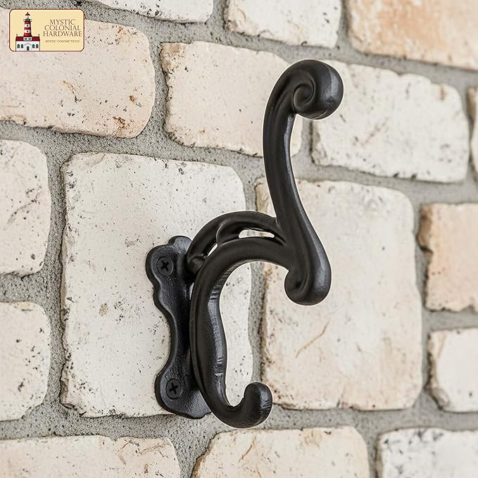 Mystic Colonial Rustic Cast Iron Wall Hooks, Heavy Duty Coat Hooks for Coat, Bag, Towel, Hat & Robe, Mounting Hardware Included, Black, Pack of 10
