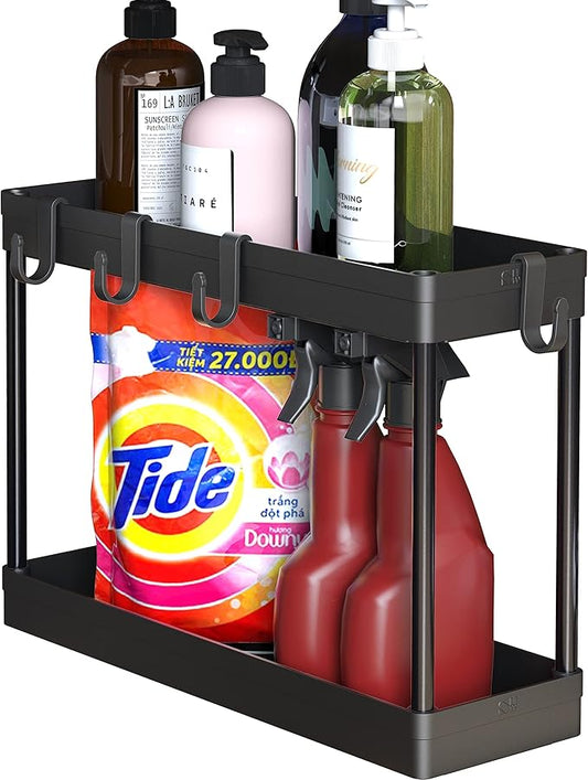 Simple Houseware 2-Tier Under Sink Organizer Storage Tray with Hooks, Black