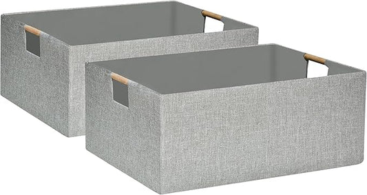 Collapsible Storage Box for Women - Foldable Home Organizer 16.9x12.5x7Inches with Wooden Handles | Closet, Bathroom & Kids Room Storage | Heavy-Duty Linen Fabric 2Pack