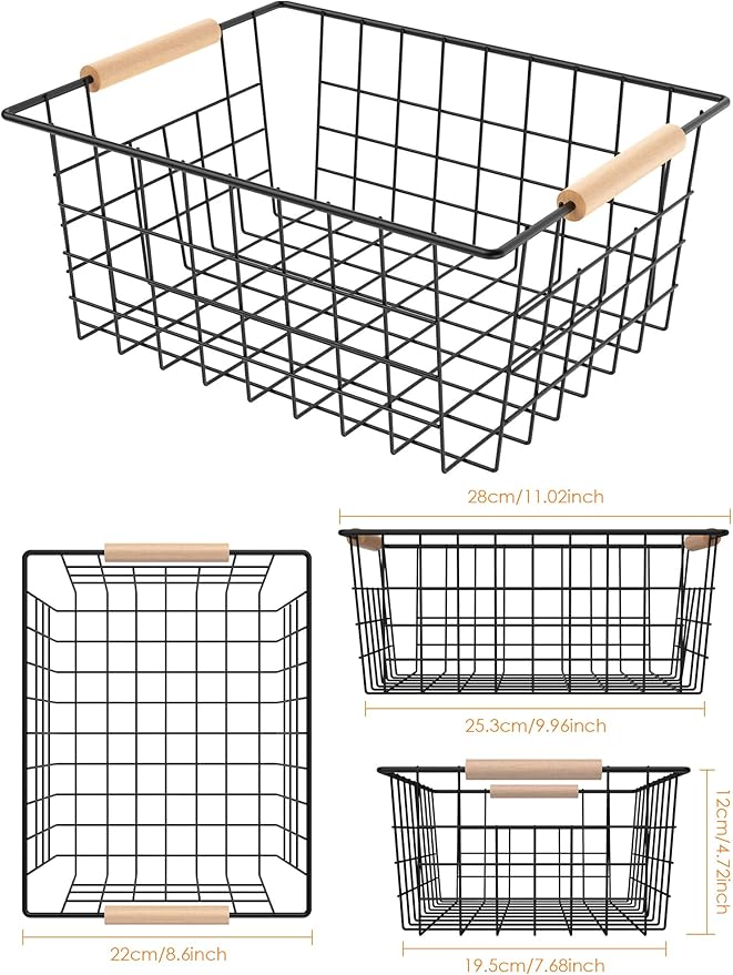 Baskets for household purposes, Wire Basket with Wooden Handle, Metal Utility Storage Basket for Organizing Kitchen Pantry Cabinets, Metal Basket Storage Organizer (Black 2 Pack)