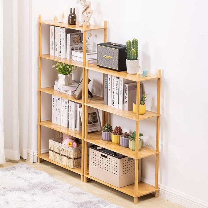 4-Tier Expandable Freestanding Open Bamboo Book Shelf - No-Tool Assembly & Modular,Bathroom Storage Shelf Unit Plant Stand for Small Space, Bedroom, Living Room, Home Office