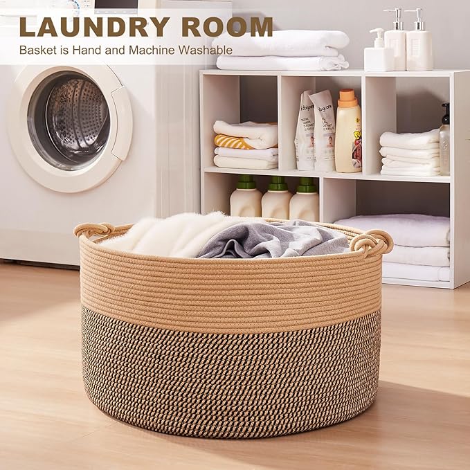 Large Blanket Storage Basket for Living Room, 22.8" x 22.8" x 13" Woven Cotton Rope Basket with Handles, Baby Toy Storage, Laundry Hamper for Clothes, Pillows, Towels-Brown and Black
