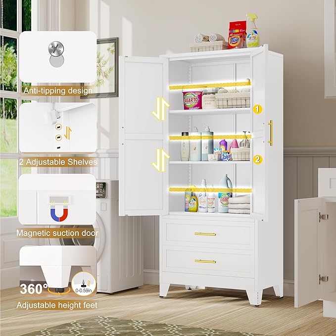 71" Tall Metal Pantry Cabinet, Steel Storage Cabinets with 2 Doors, 2 Adjustable Shelf and 2 Drawers, Used as Kitchen Cabinet, Freestanding Cupboard for Kitchen, Office, Living Room (White)