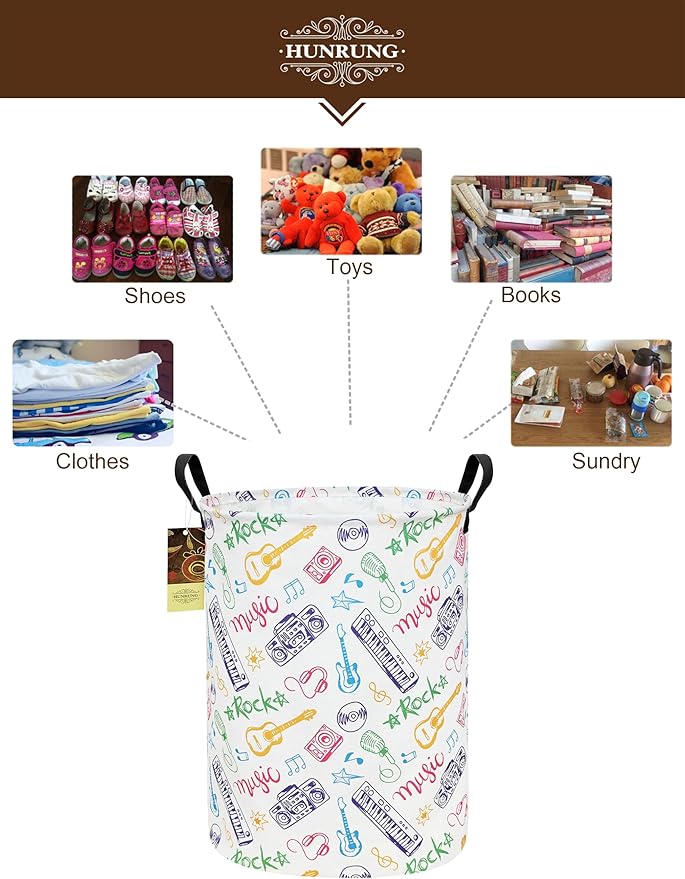 HUNRUNG Laundry Hamper,Large Canvas Fabric Lightweight Storage Basket Toy Organizer Dirty Clothes Collapsible Waterproof for College Dormsï¼Round-Musical instrumentï¼