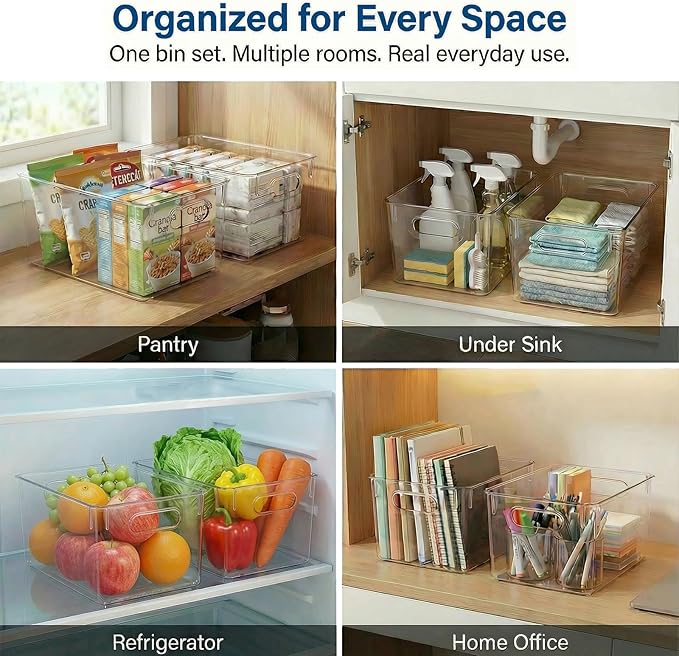 MOONEDGE 4 Pack Open Clear Plastic Storage Bins 11"x8"x6" Stackable Organizer Containers with Handle for Kitchen, Pantry, Fridge, Bathroom,Cabinet,Closet Storage