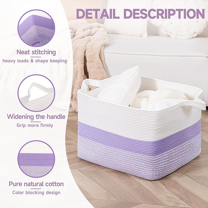 CLHMILY&Z Stylish Square Cotton Rope Storage Basket (Purple & White, 85L)