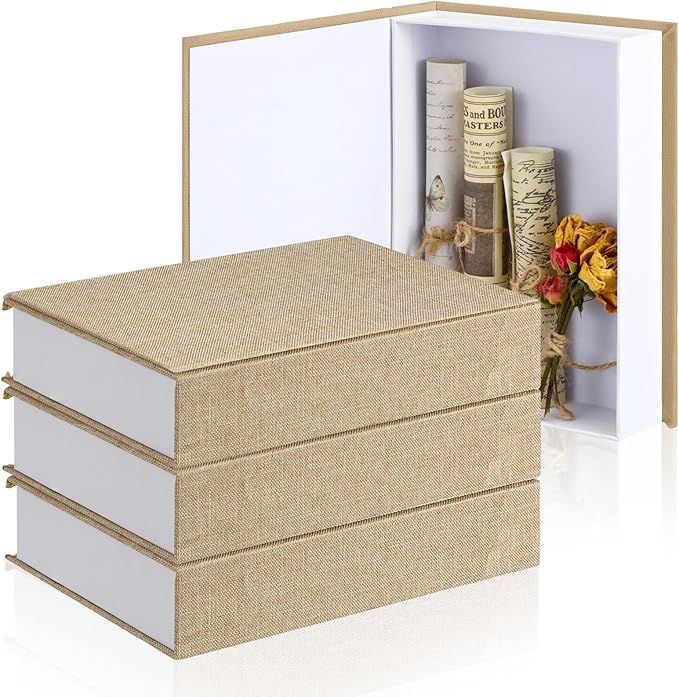 Tioncy 3 Pcs Fake Book Box Neutral Linen Book Box Decorative Faux Prop Storage for Farmhouse Home Decor shelf Table Card Photo DIY Keepsake Gift(8.6 x 6.1 x 1.8 Inch,Beige)