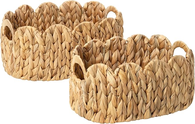 StorageWorks Scalloped Wicker Basket, Woven Baskets for Storage, Rattan Baskets with Handles, Paper Rope Basket for Organizing and Decor, 2 Pack