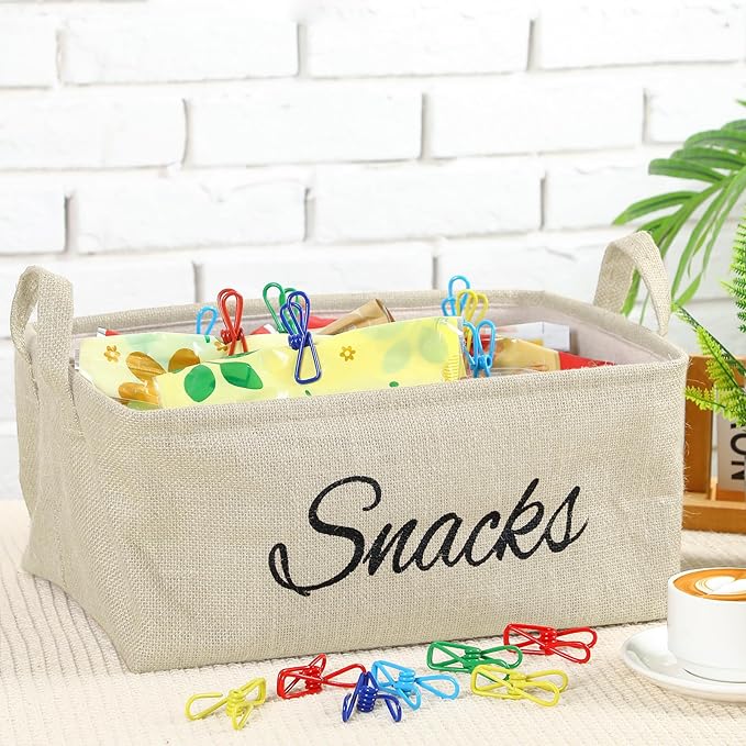 17 Pcs Snack Basket Sets, Snack Storage Bin for Pantry Shelves with 16 Pcs 2 Inch Chip Clips, Basket Organizer for Kitchen, Chips, Popcorn, Candy, Pretzels (Cream-colored,Burlap)